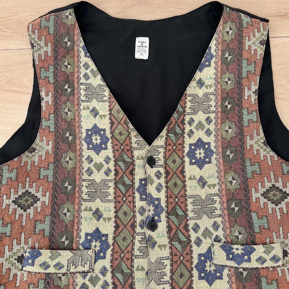 Vintage 90s Tapestry Waistcoat Vest Aztec Southwestern Tribal Pattern Men's XL - Picture 13 of 16
